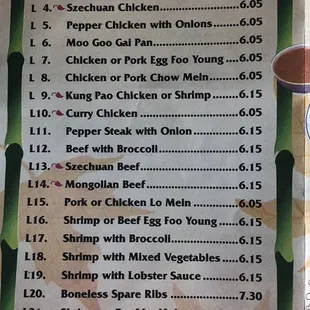 Menu as of November 2018. Lunch specials.