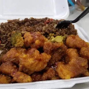 a meal in a styrofoam container