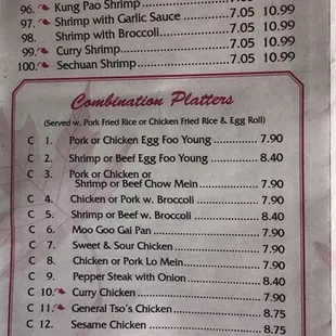 Menu as of November 2018. Dinner combos, beef and seafood.