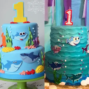 two tiered cakes with shark decorations