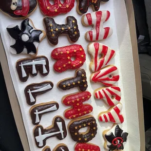 a variety of decorated donuts