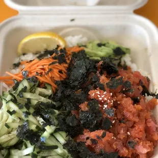 Spicy poke bowl with the traditional fixings. Very inexpensive for what it is, $9.00 a plate.