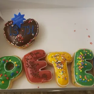 a box of decorated donuts