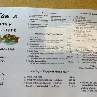 the menu for kim's family restaurant