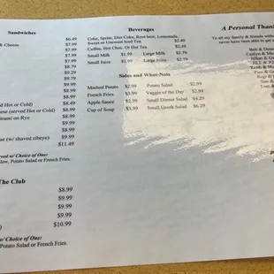 the menu for kim's family