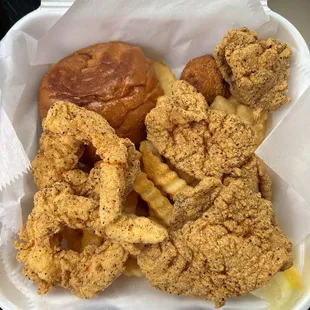Lunch combo 1 - 2 catfish filet &amp; 2 jumbo shrimp with fries and a roll of