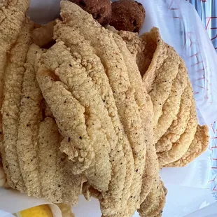 Lunch Special: no bread + Fries + hush puppies + lemon slice on the side -- 4/12/23 (so GOOD)