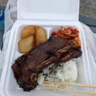 Kal bi with kimchi and shoyu potatoes