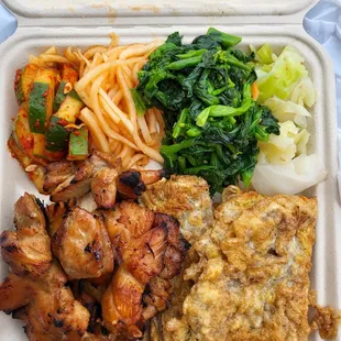 Chicken, meat jun, 4 sides, 2 big scoops of rice beneath