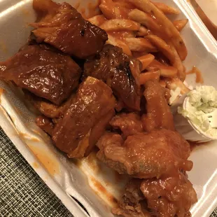 Rib tip, chicken wing combo with fries slaw and slice of bread