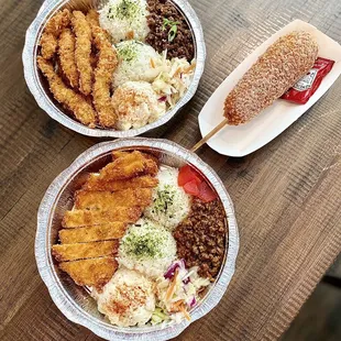 Pork Katsu Strips and Soboro Bulgogi, Chicken Katsu and Dry Curry, Mozzarella and Sausage Corn Dog