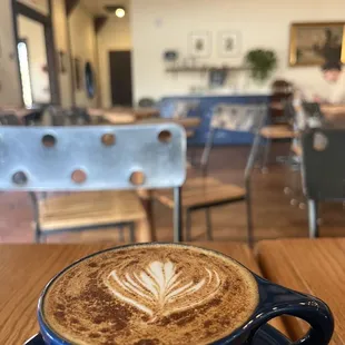 A latte near the warm fire