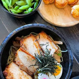 Kin chashumen ramen ($16), crab Rangoon ($7) and edamame ($5)