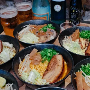 Assorted ramen &amp; alcohol.