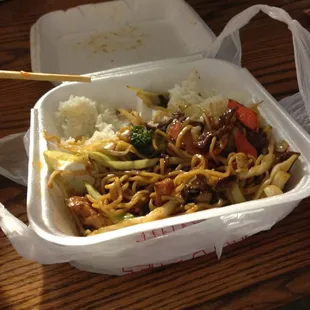 Spicy combo yakisoba. Chicken and beef. Two scoops of rice.