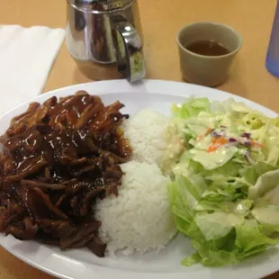 Chicken and beef teriyaki. With rice and salad. 7.99