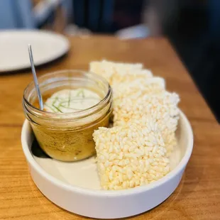 Curry Mousse in-a-cup with mushrooms coconut cream crispy rice cakes
