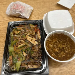 if you order a certain amount online, you get a free side! shredded pork with tofu + hot and sour soup