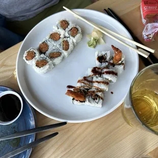 Spicy tuna and tempura shrimp rolls