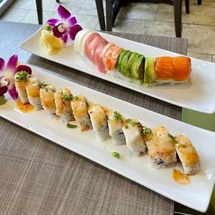 Poke roll (foreground), rainbow roll (background)