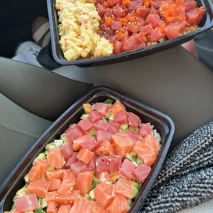 Top: spicy tuna bowl with shrimp tempura and masago Bottom: tuna and salmon bowl Both bowls already come with avocado