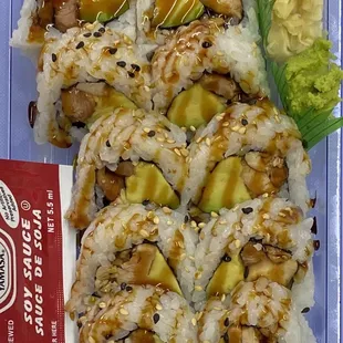 Teriyaki Chicken Roll (Grilled Teriyaki chicken, avocado; topped with eel sauce)