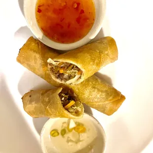 Lumpia: ground beef spring roll served with sweet chili sauce or spicy cane vinegar