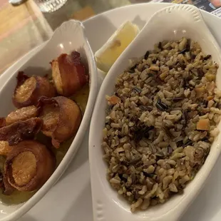 Bacon-wrapped Scallops with wild rice