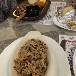 Steak and crab cake special, wild rice
