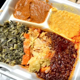 Veggie platter (shiro wot, kik alicha, misir wot, cabbage wot, gomen wot); comes with rolls of injera