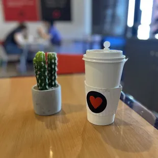 a cup of coffee and a cactus