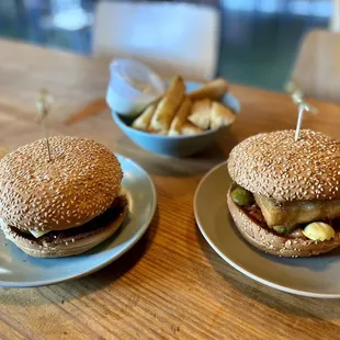 Fried Chicken Sandwich, Crispy Tofu Sandwich, Cuban Yucca Fries