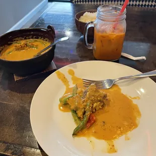 Panang Curry, rice, Thai Iced Tea