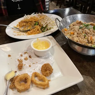 Calamari, chicken pad Thai, chicken fried rice.