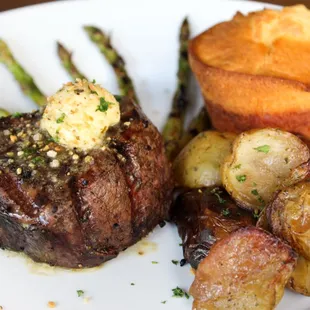 Filet Mignon with grilled asparagus and roasted potatoes.
