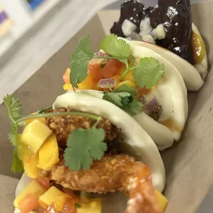 Shrimp bao, fish bao, braised ribs bao