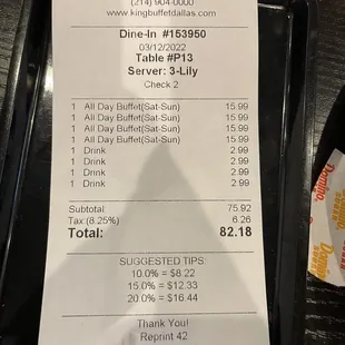 the receipt for the meal