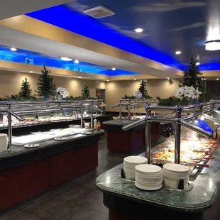 Winter decor at Kings... The ceiling lights change color...festive!