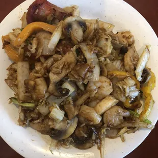 Today's hibachi creation... Shrimp, twice cooked pork, Napa cabbage, onions, mushrooms &amp; bell pepper &amp; rice prepared with Hoisin sauce.