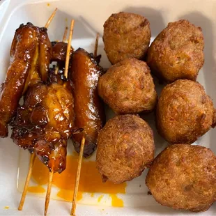 Chicken Skewers and Shrimp Balls