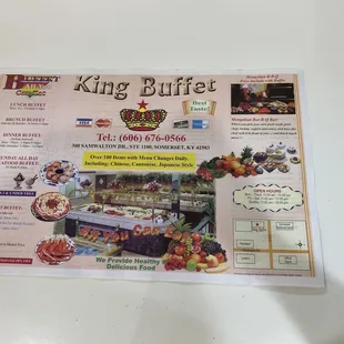 the menu for king buffet