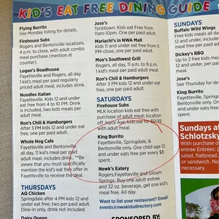 the menu for the kids's eat - free din guide