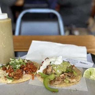 Chicken fajita and Pastor tacos.