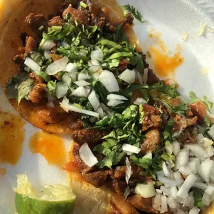 a close up of a taco on a paper plate