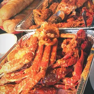 Crawfish Combo (Shabang Mild), Royal Feast (Shabang Hot), &amp; Baguettes