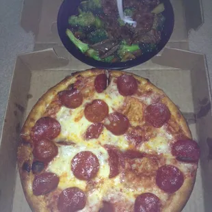 Pepperoni pizza and beef and broccoli.