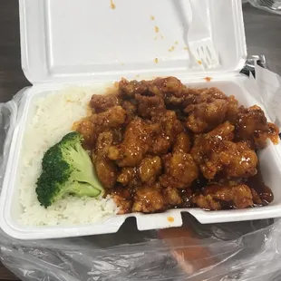 chicken and rice in a styrofoam container