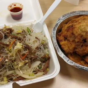 Beef Chow Mai Fun &amp; Roasted Pork Egg Foo Young w/ hot chili oil.