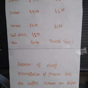 Buffet pricing (August 2022).