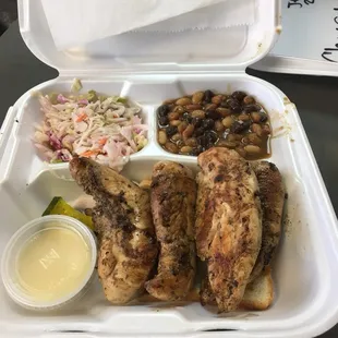 4 grilled tenders, slaw and baked beans